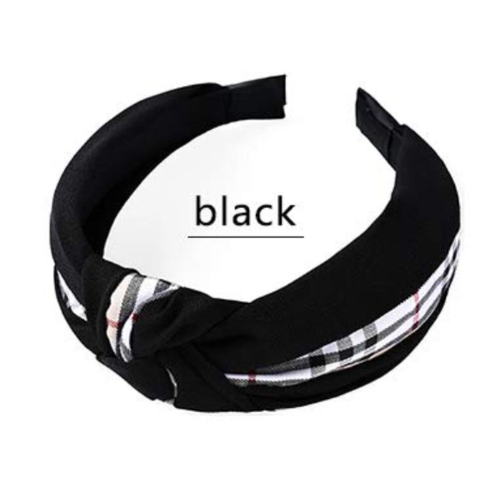 LUXE Black Top Knot Silk Headband with Nova Check Plaid detail (LHXX006)